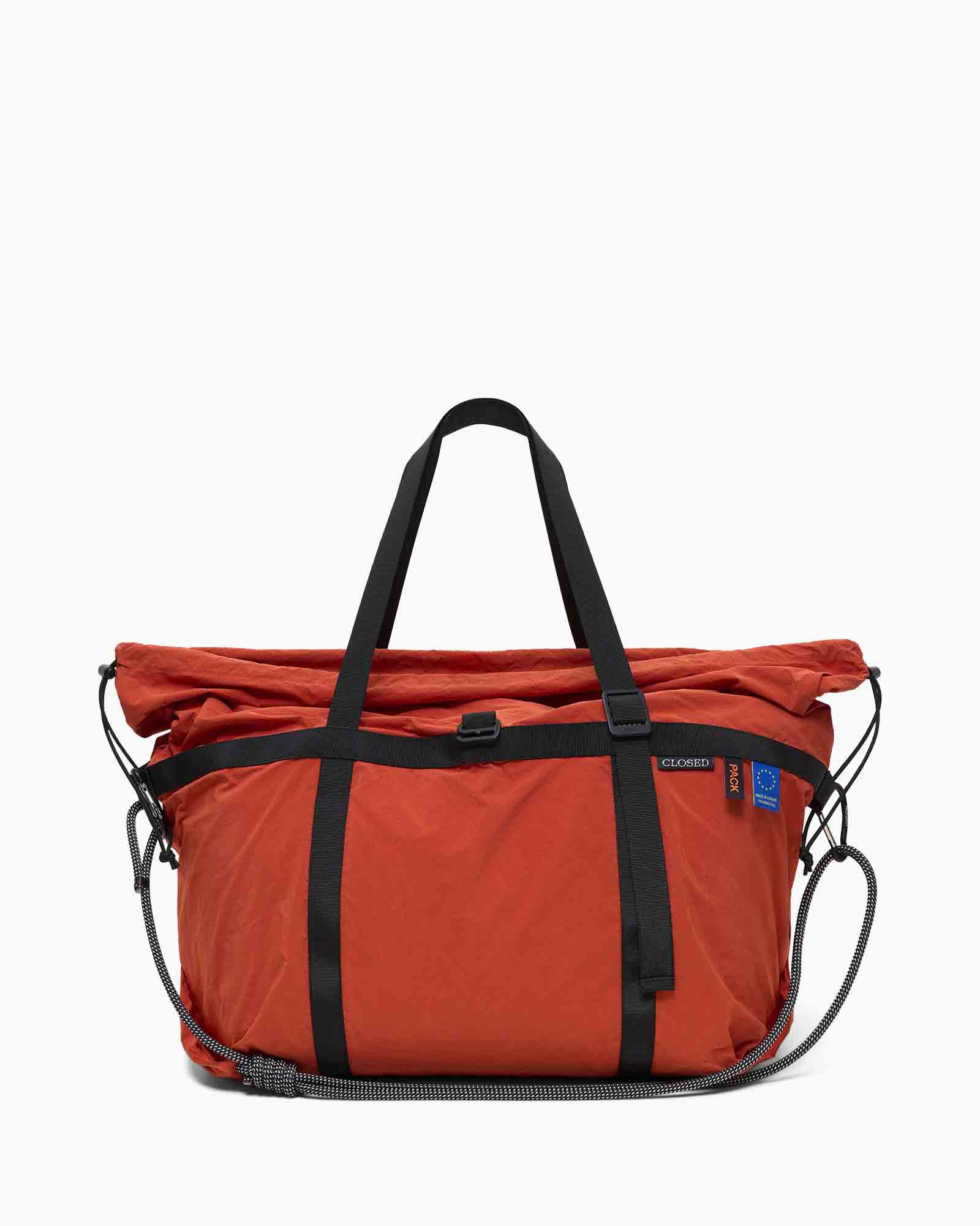 duffeltas, oranje tas, carryall, buitenzijde vakken, schouderriem