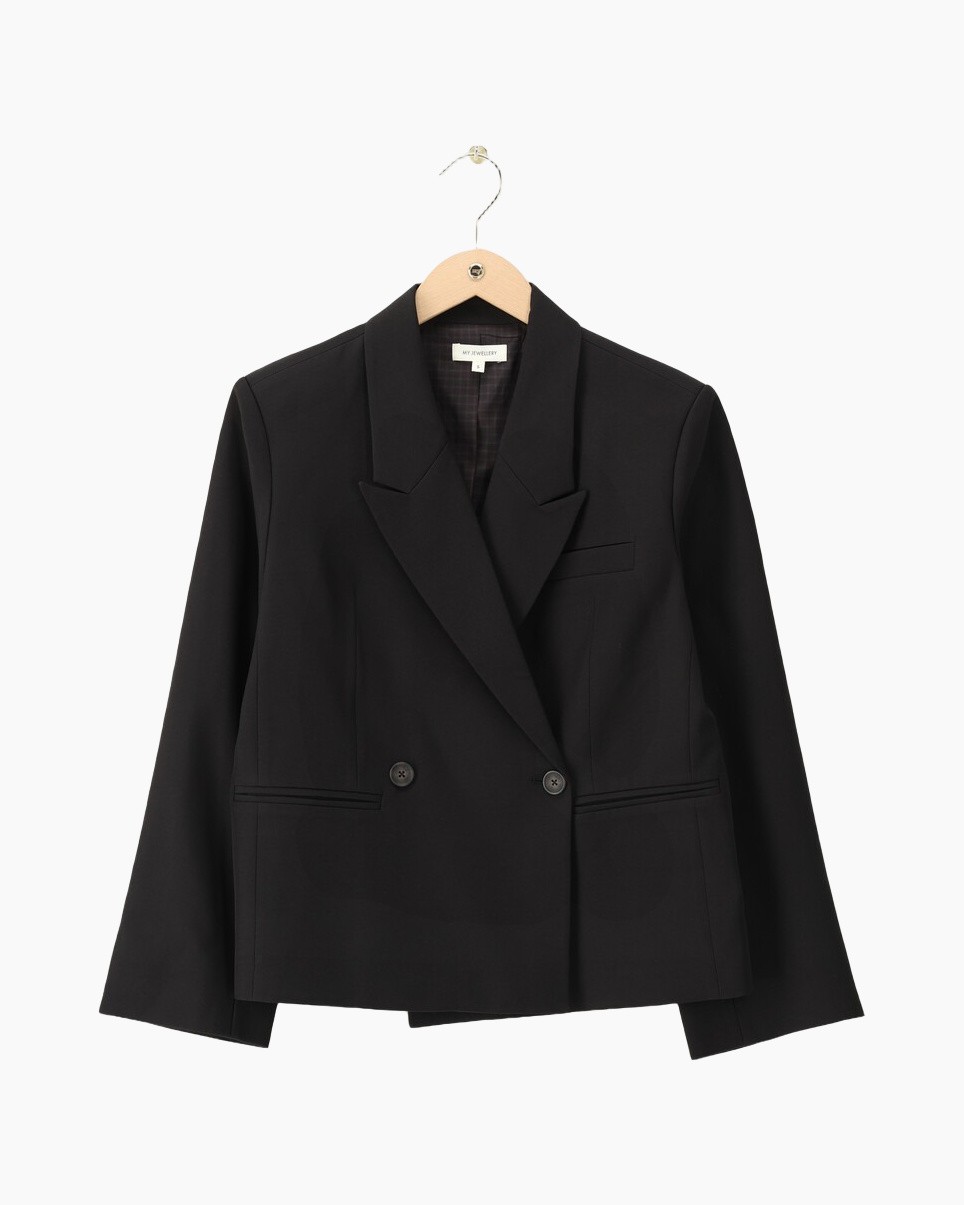 blazer, zwart, double-breasted, kraagloze mouw, zak
