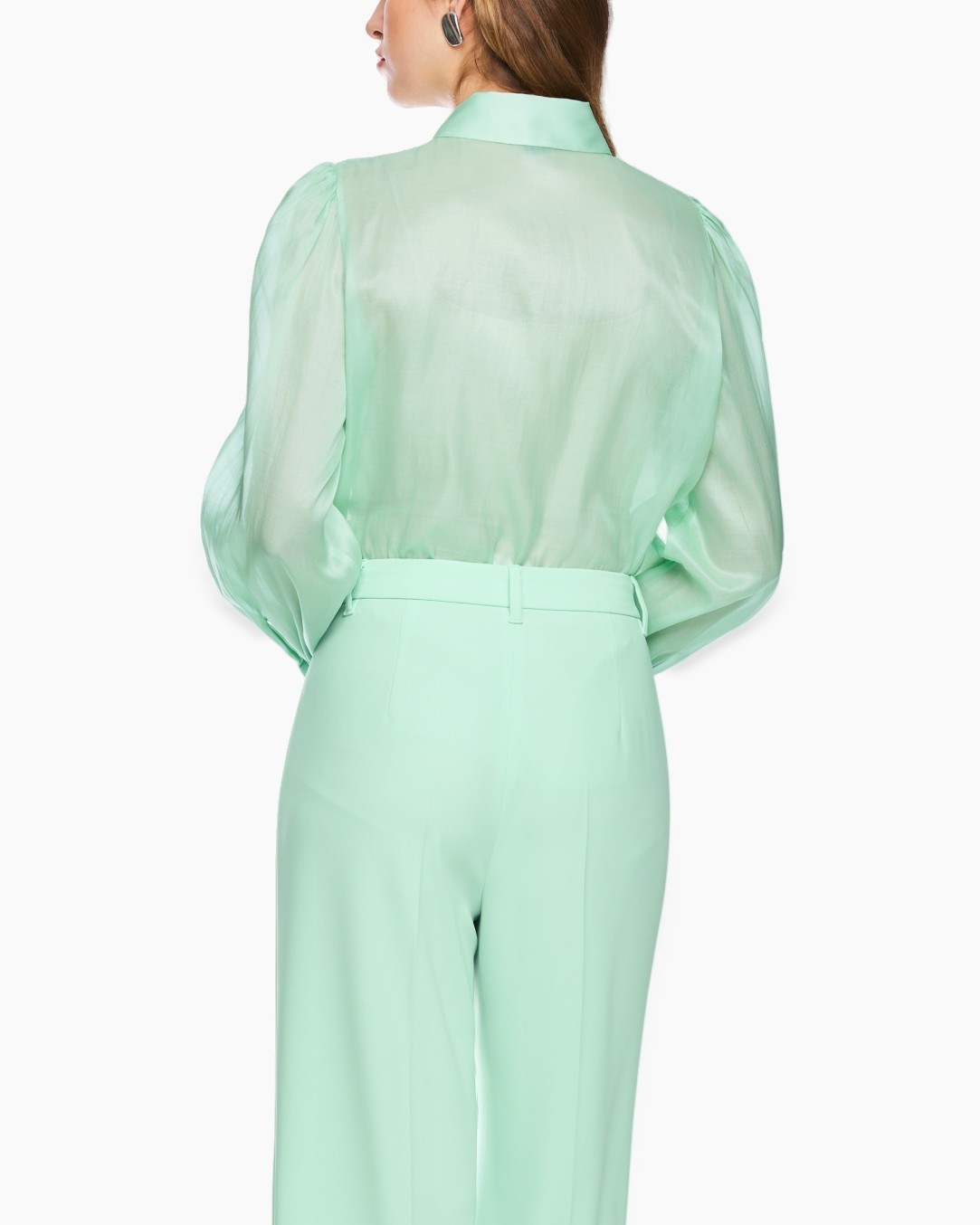 mint, groenkleur, jumpsuit, achterkant, kraag blouse