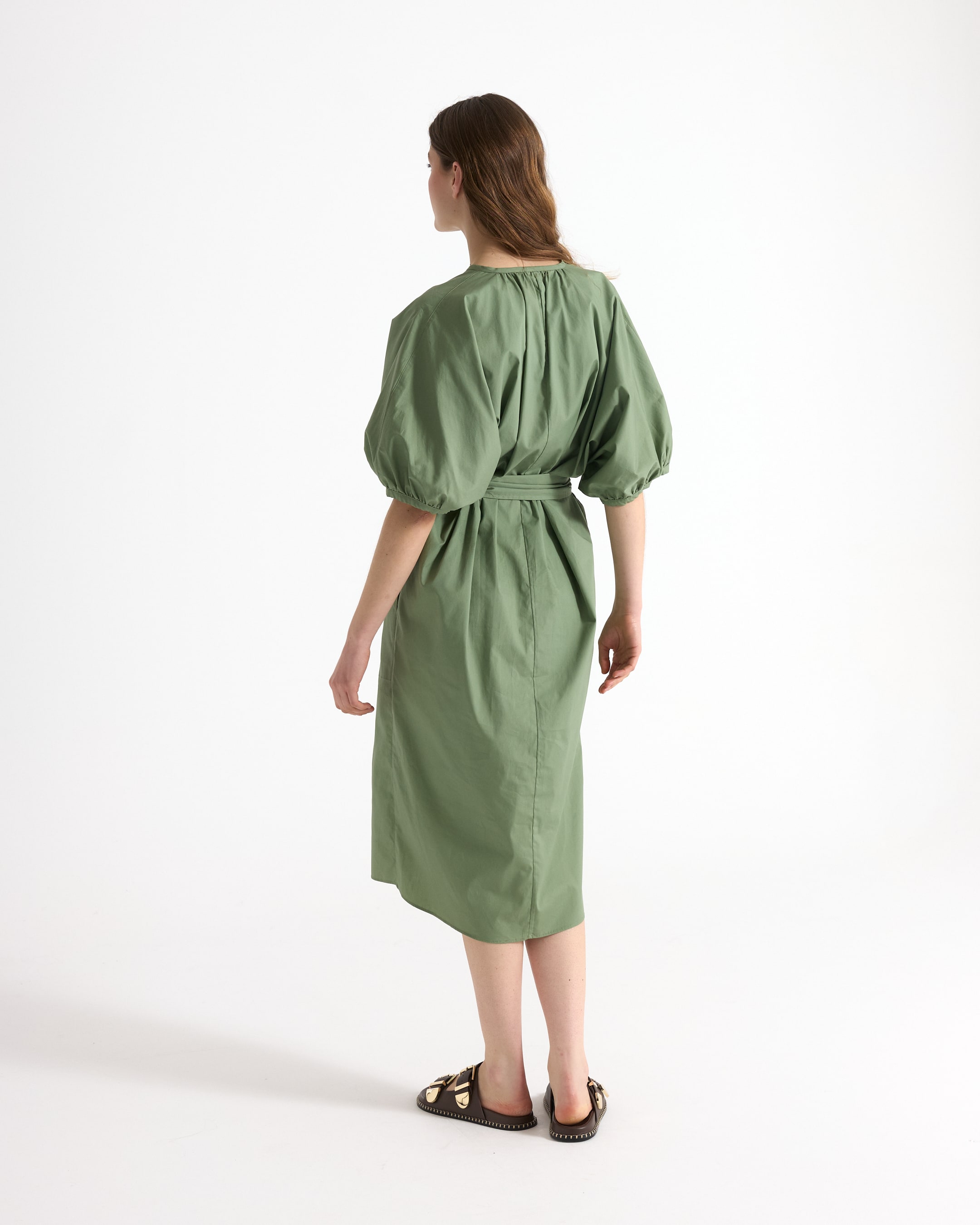 jurk, lange jurk, groen, pofmouwen, split/sleuf