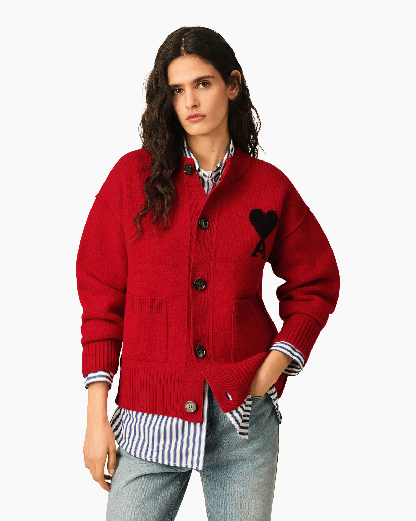 cardigan, rood, hart-applicatie, zakzak, gebreide trui