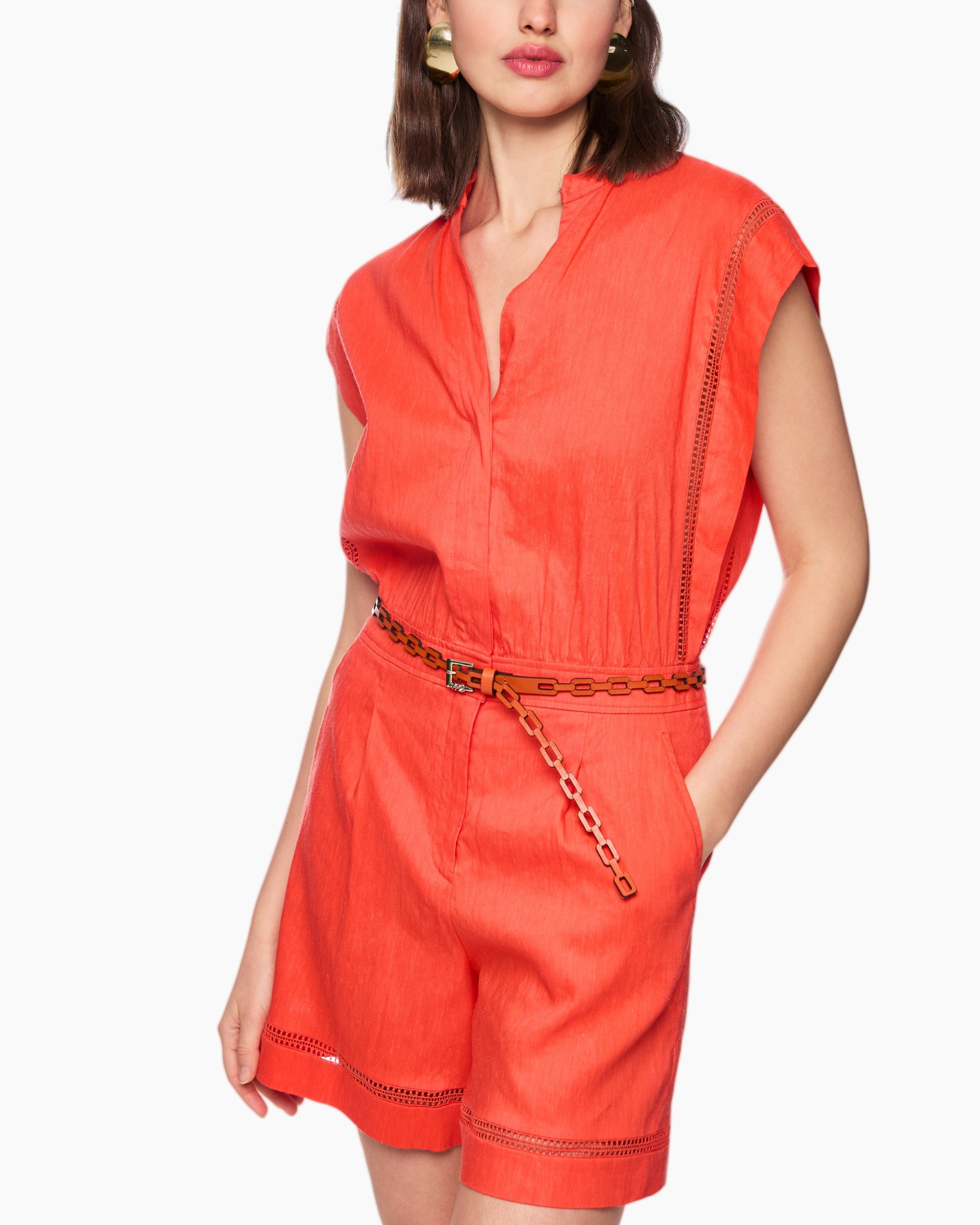 romper, shorts, linen, orange, belt