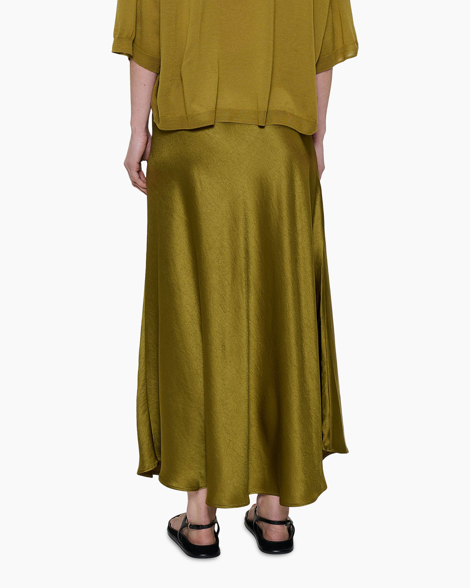 skirt, maxi, drawstring, olive, slip-on sandals