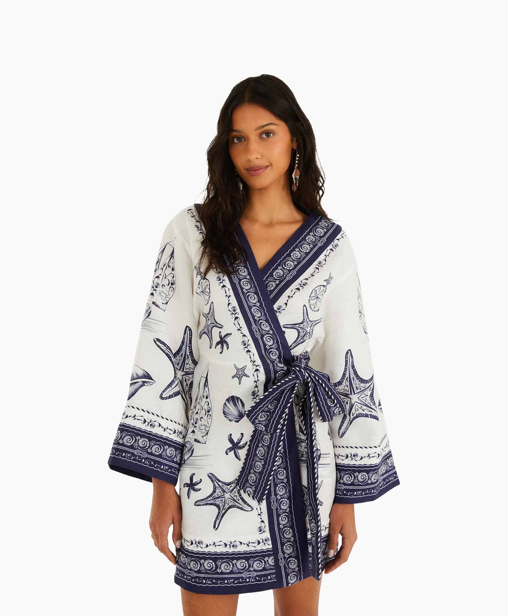 kimono, wardrobe-robe, kleding, strandkleding, marine-kleur, navy-borduur, zee-sterren, wrap-around