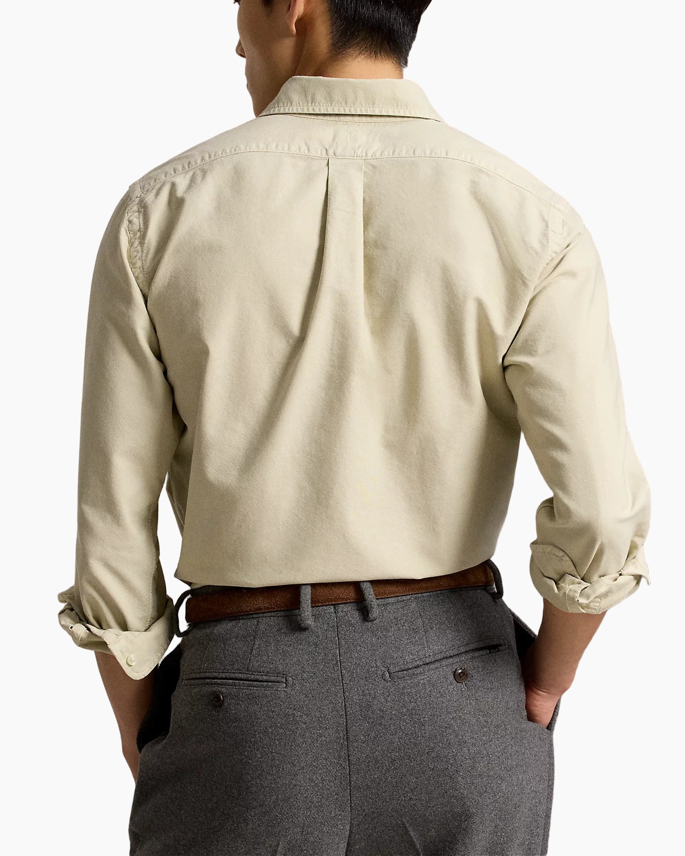 blouse/shirt, beige shirt, breip scarf, donkergroene/ donkergrijze sjaal, grijze broek