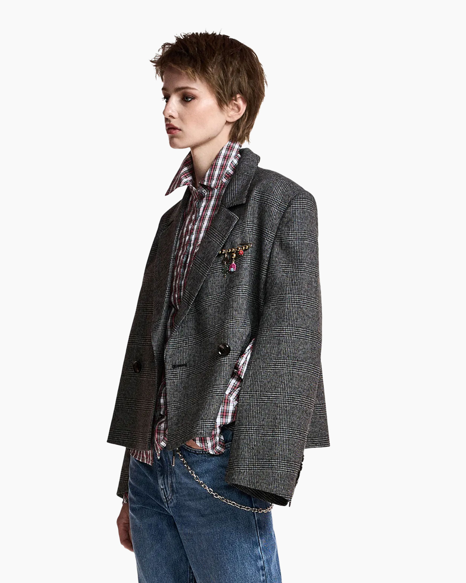 blazer, geruit, drieknop, grijs, broche