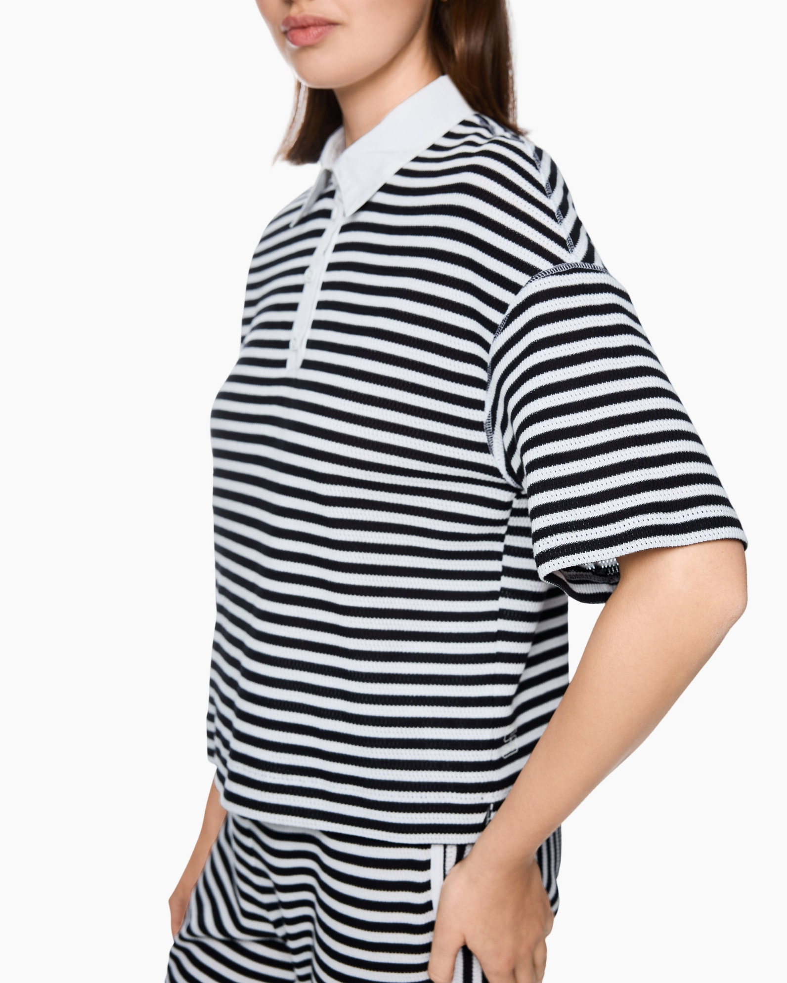striped polo, short sleeve, knit top, navy white stripes, collared shirt