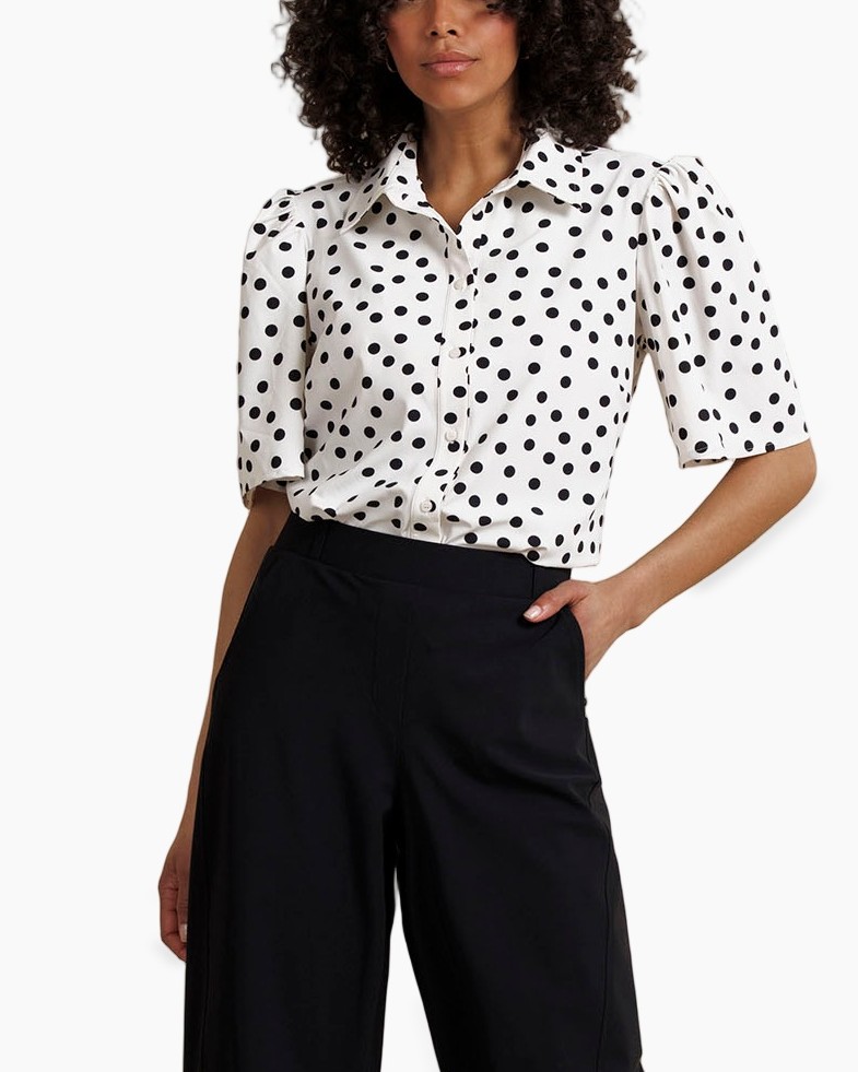 polka dot, blouse, korte mouwen, kraag, witzwart