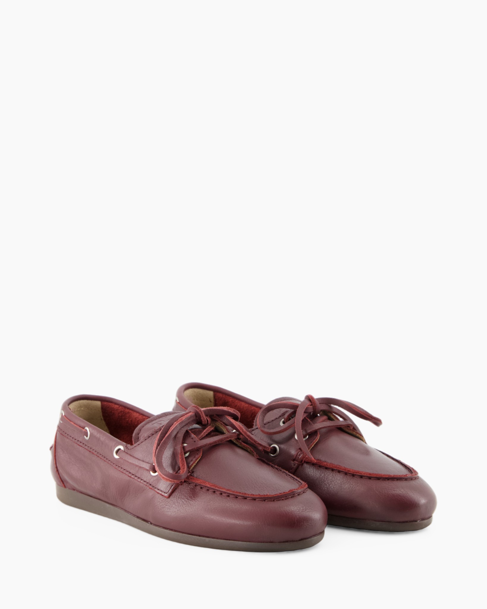 Leren bootschoen, Bordeauxrood, Vetersluiting, Mocassin-neus, Rubberen zool