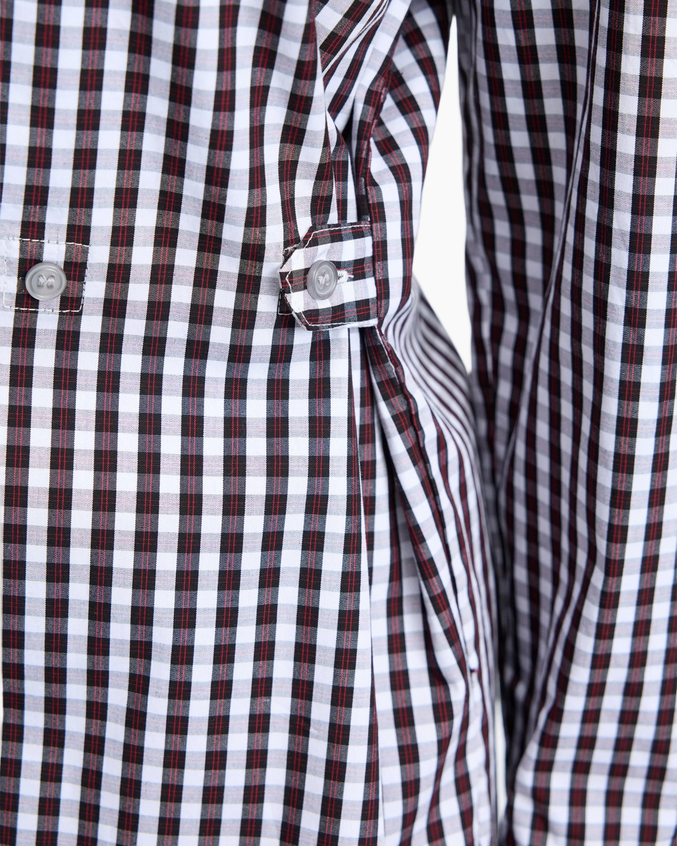 geruit overhemd, lange mouwen, manchet met knoop, zwart-wit, rode accenten