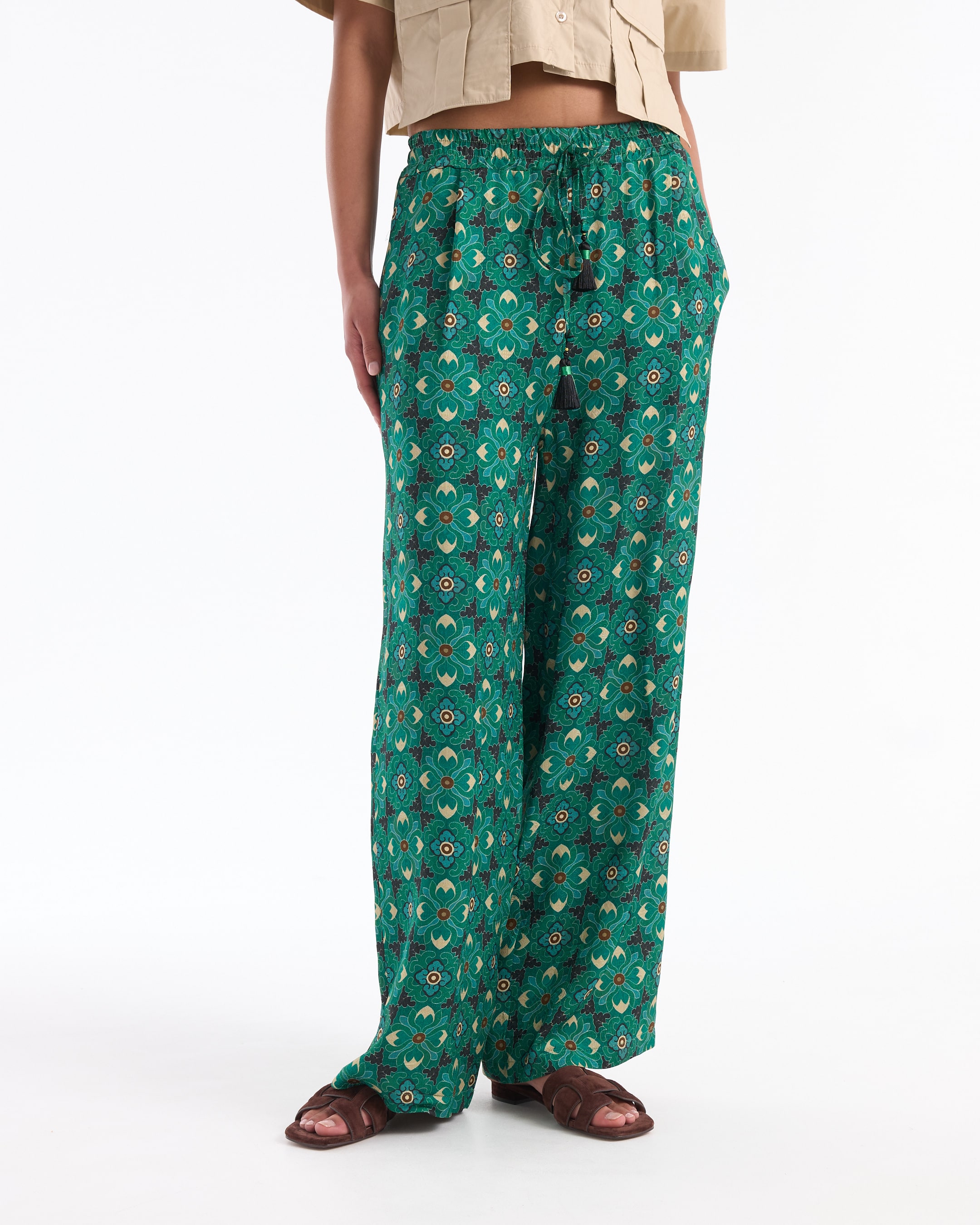 short-sleeve shirt, beige shirt, front pockets, wide-leg pants, green pattern