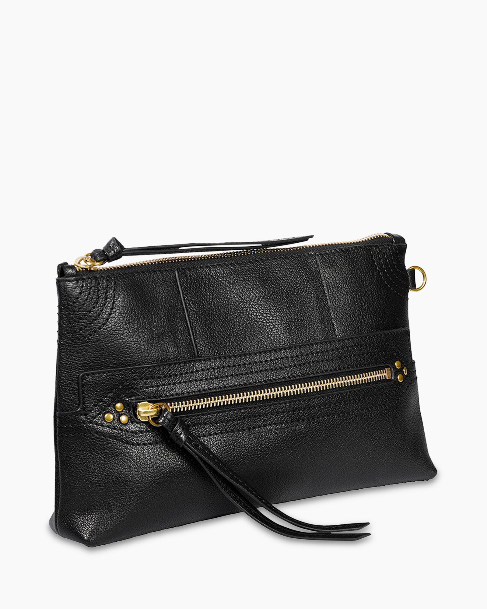 clutch, tasje, zwart, leer, goud hardware