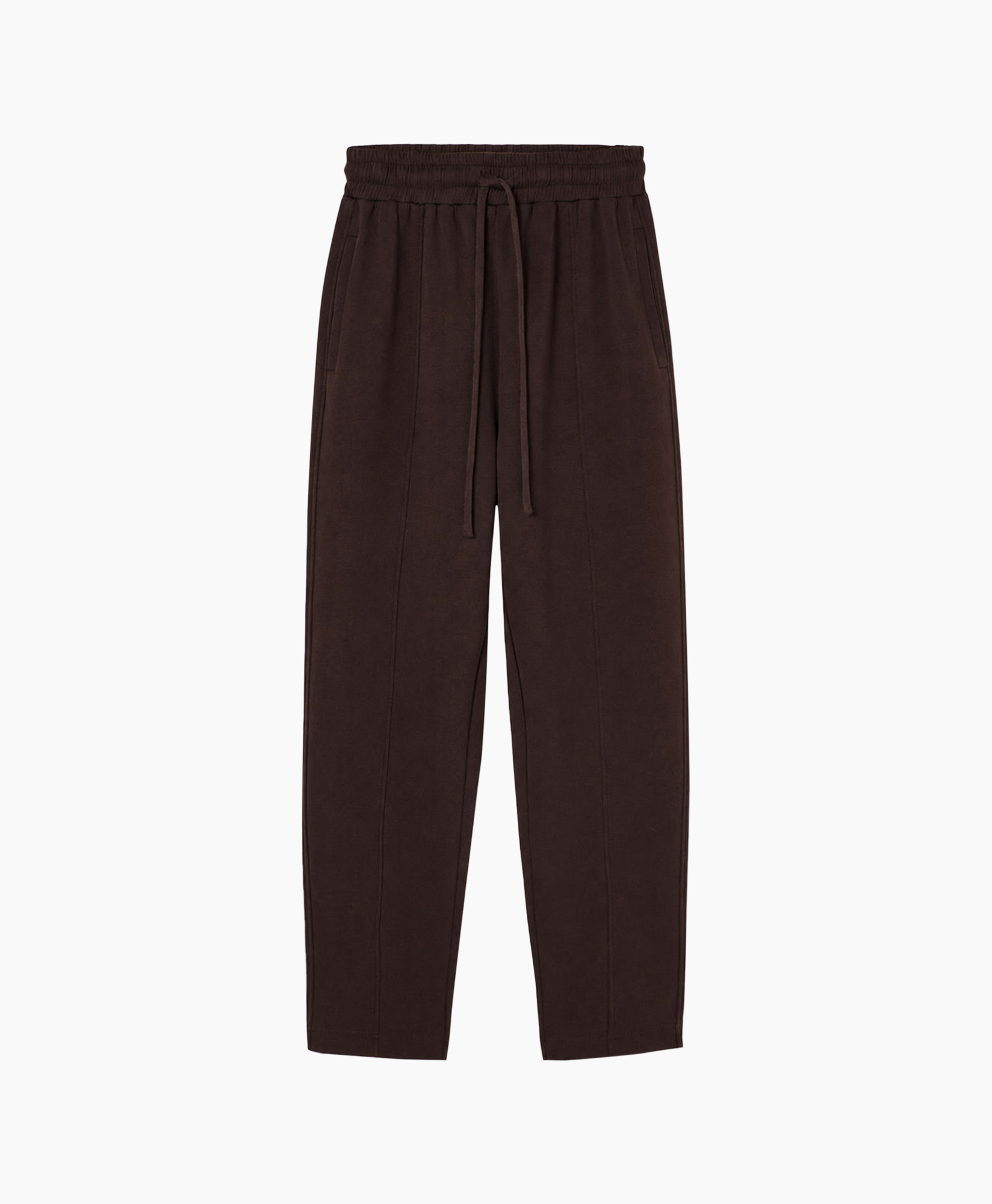broek, trekkoord, bruin, twill, voorvlak-plooien