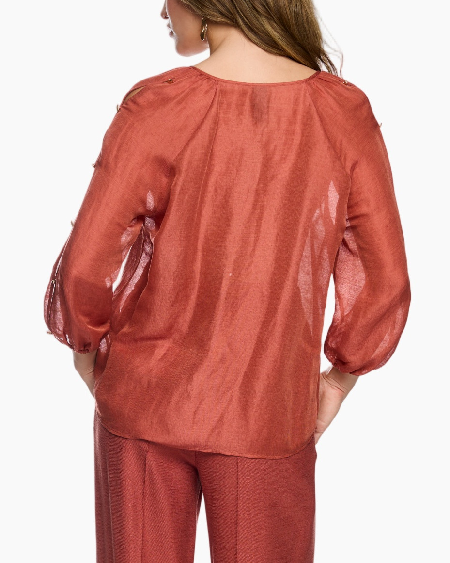 loose blouse, linoïde/linnen-achtig, trekkoord, longo sleeve, roodbruin/roestrood