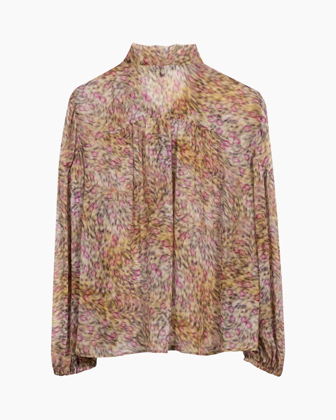 blouse, bloemenprint, doorschijnend, lange mouwen, hoge kraag