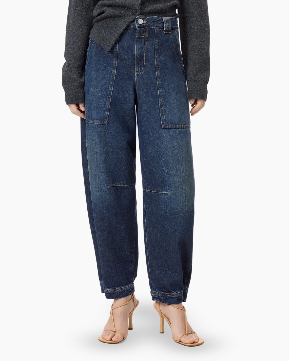 denim jeans, wijdere pijpen, cargo zakken, midden wassing, enkellengte