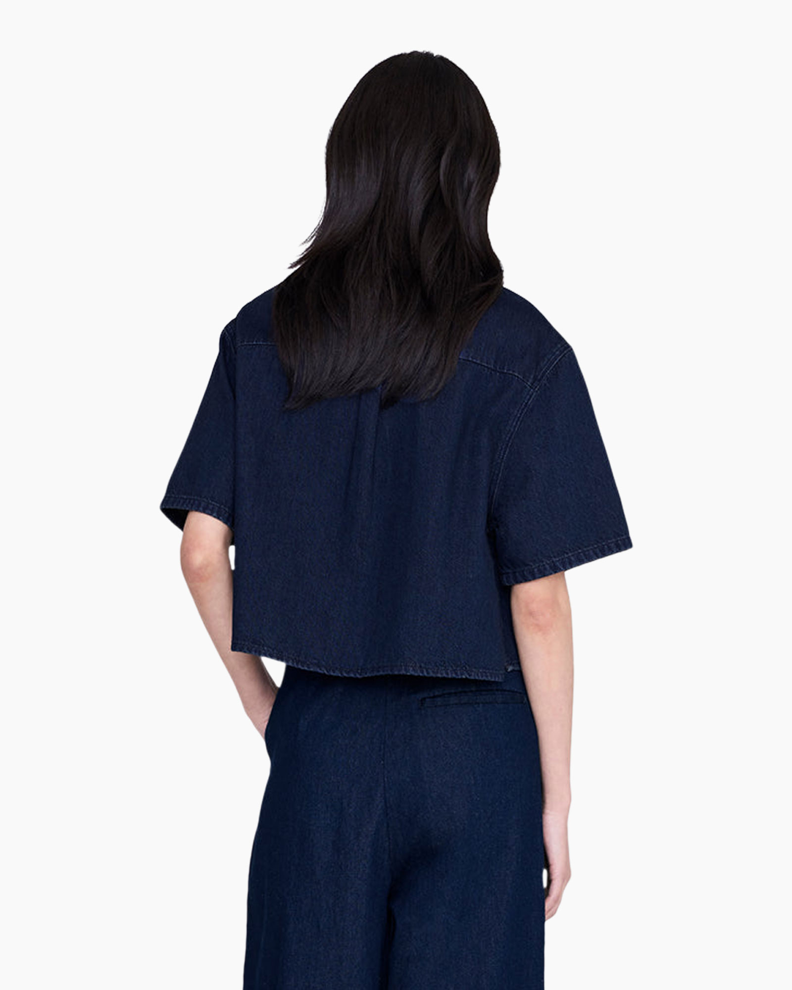 denim, top, korte mouwen, knopenrij, zakken