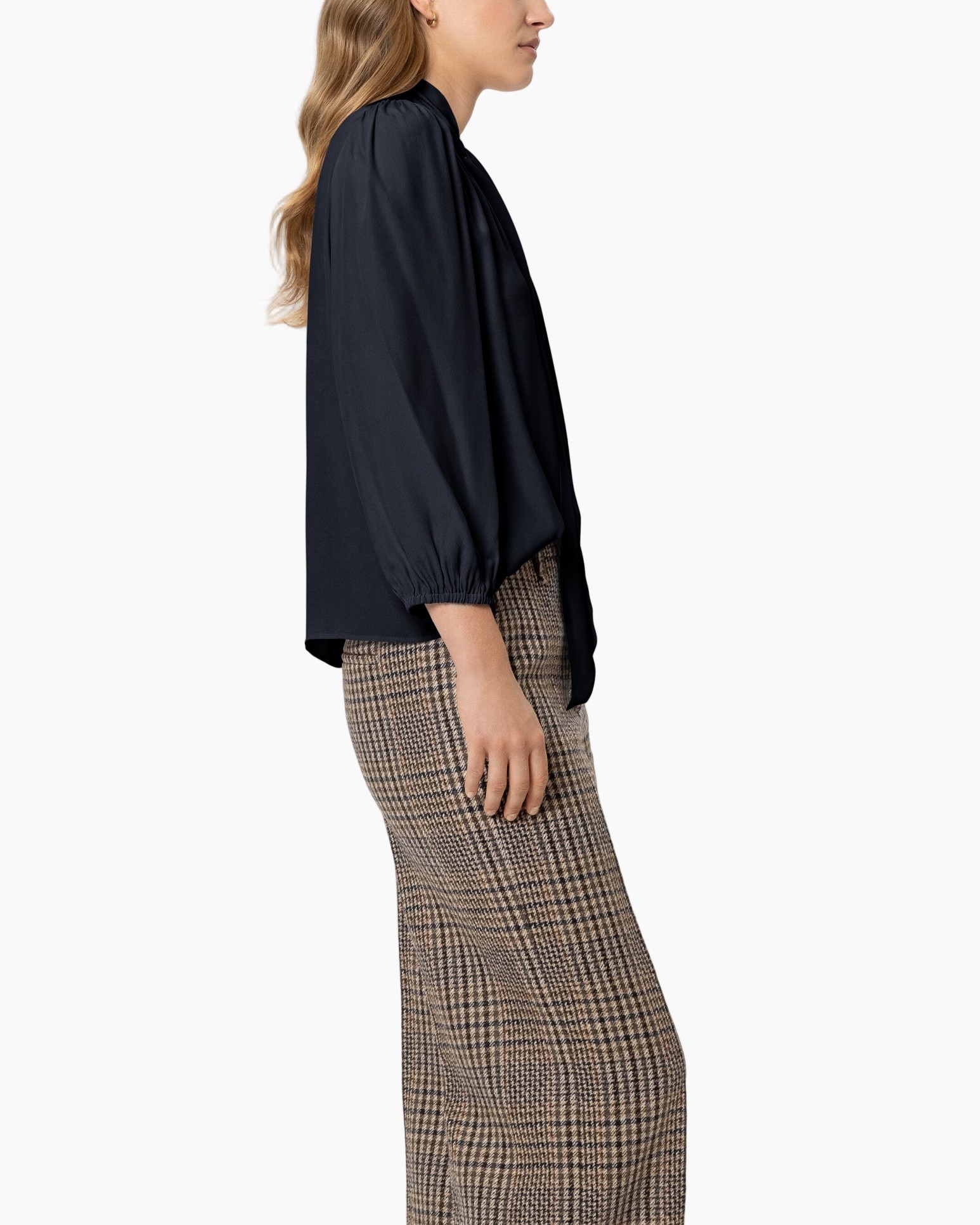 blouse, pofmouw, marineblauw, zacht, langemouw