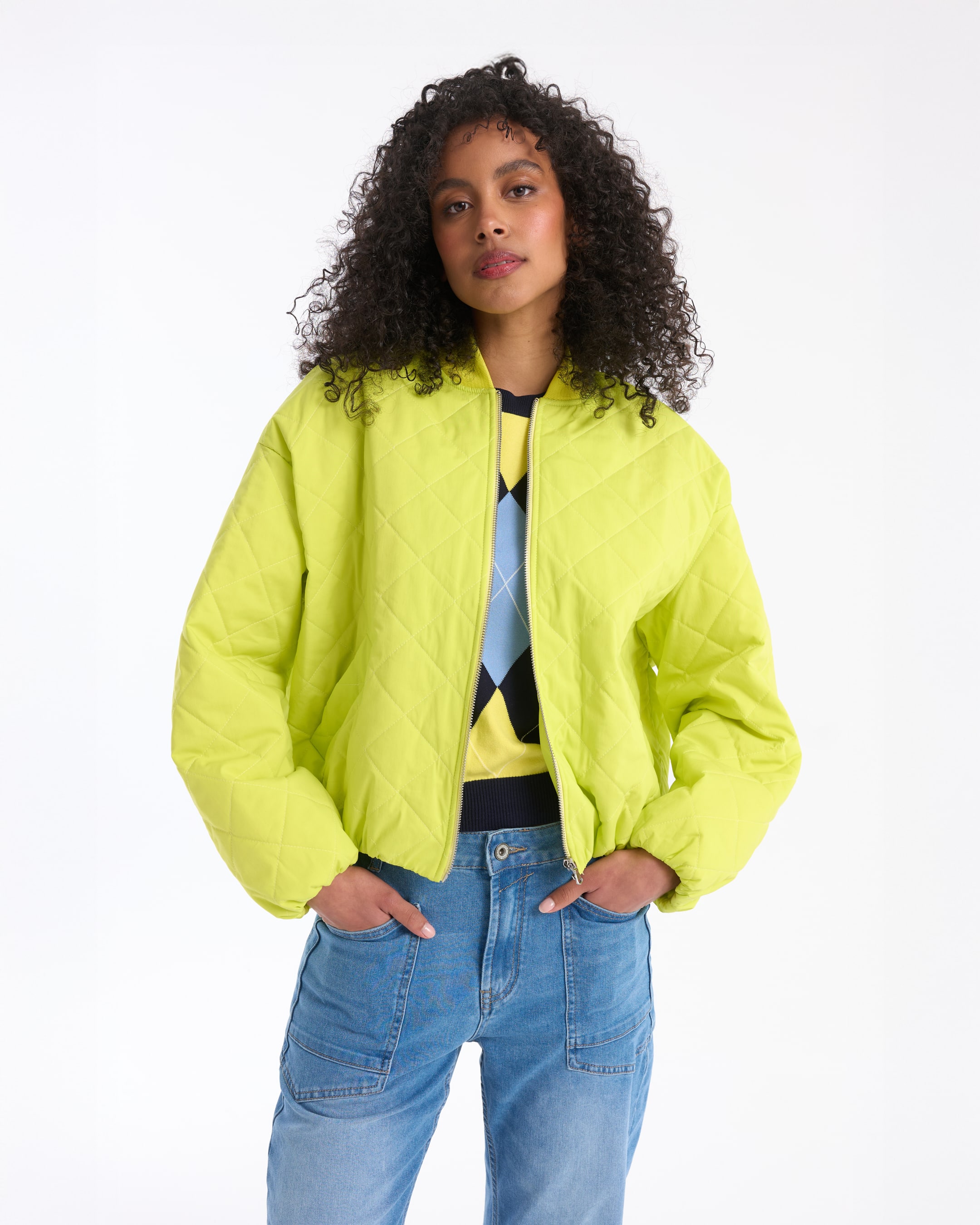 quilted jacket, puffer jacket, lime green,  Cinched waist?, bright color
