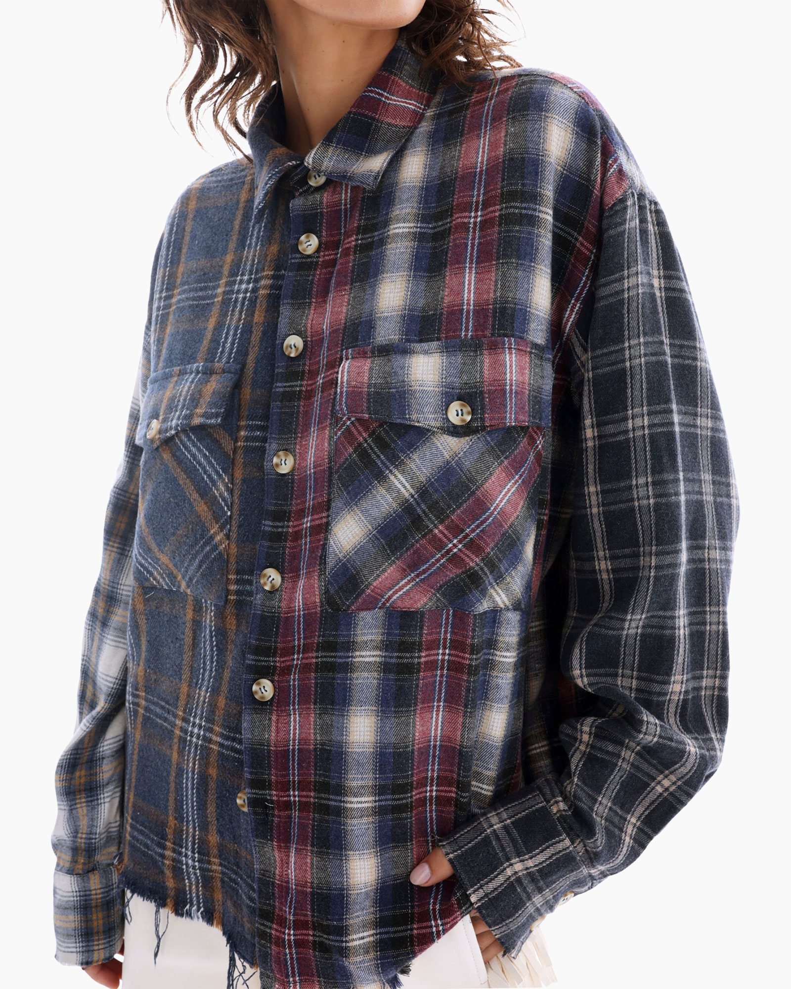 tweed blouse, rout plaid, lang 袖, knop speur, zak