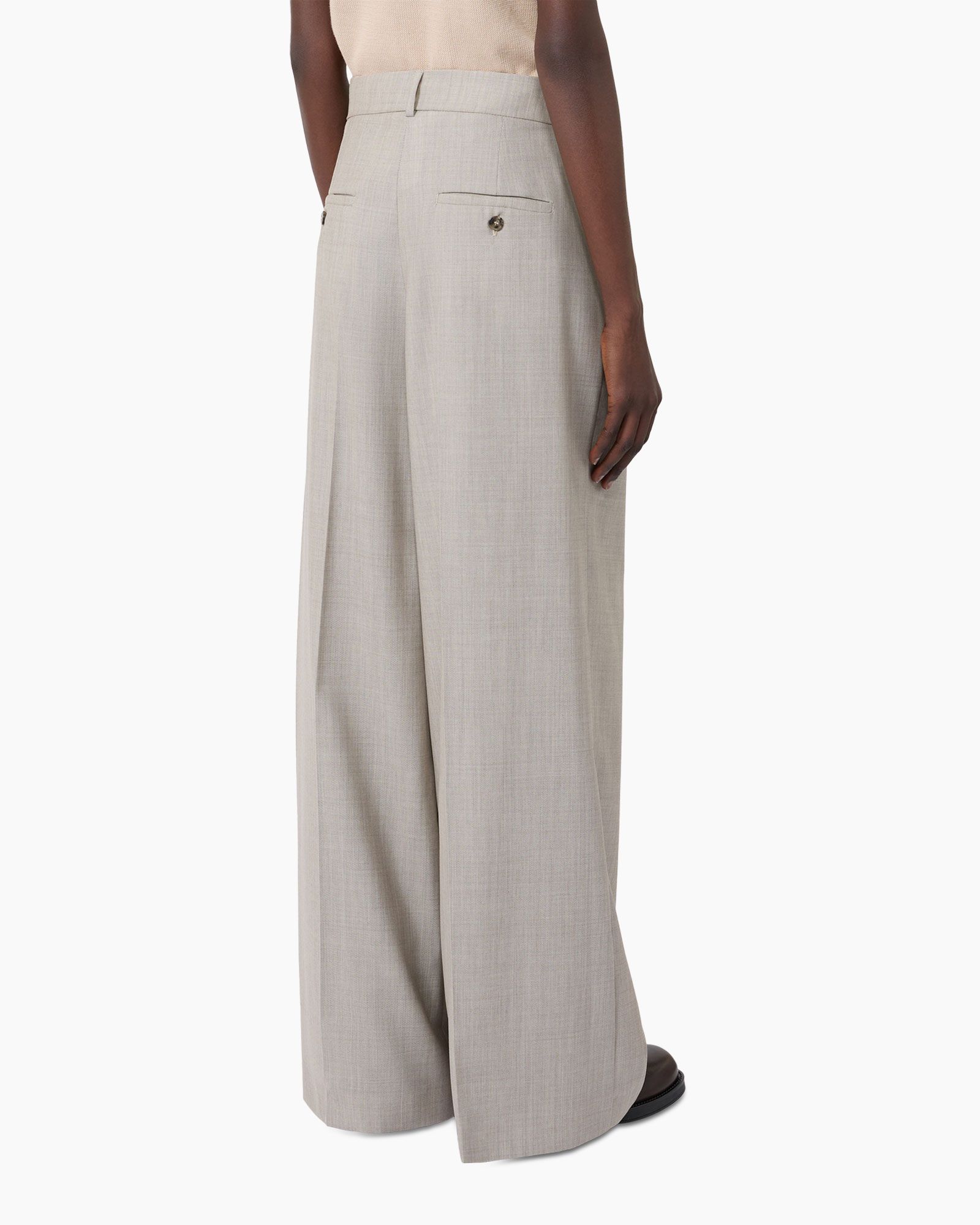 wijdelijnige, broek, beige, plooien, hoog middel