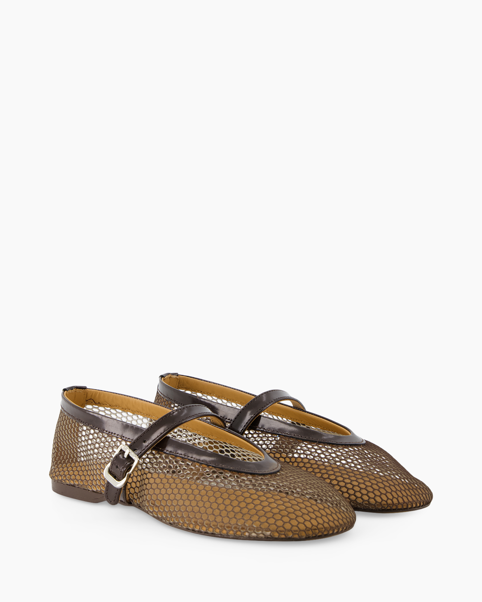 platte schoen, mule, gaas textuur, bruin, gesp strap