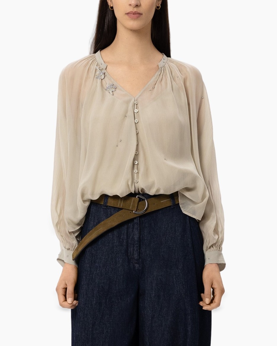 blouse, beige, doorspel?, embellished, buttons