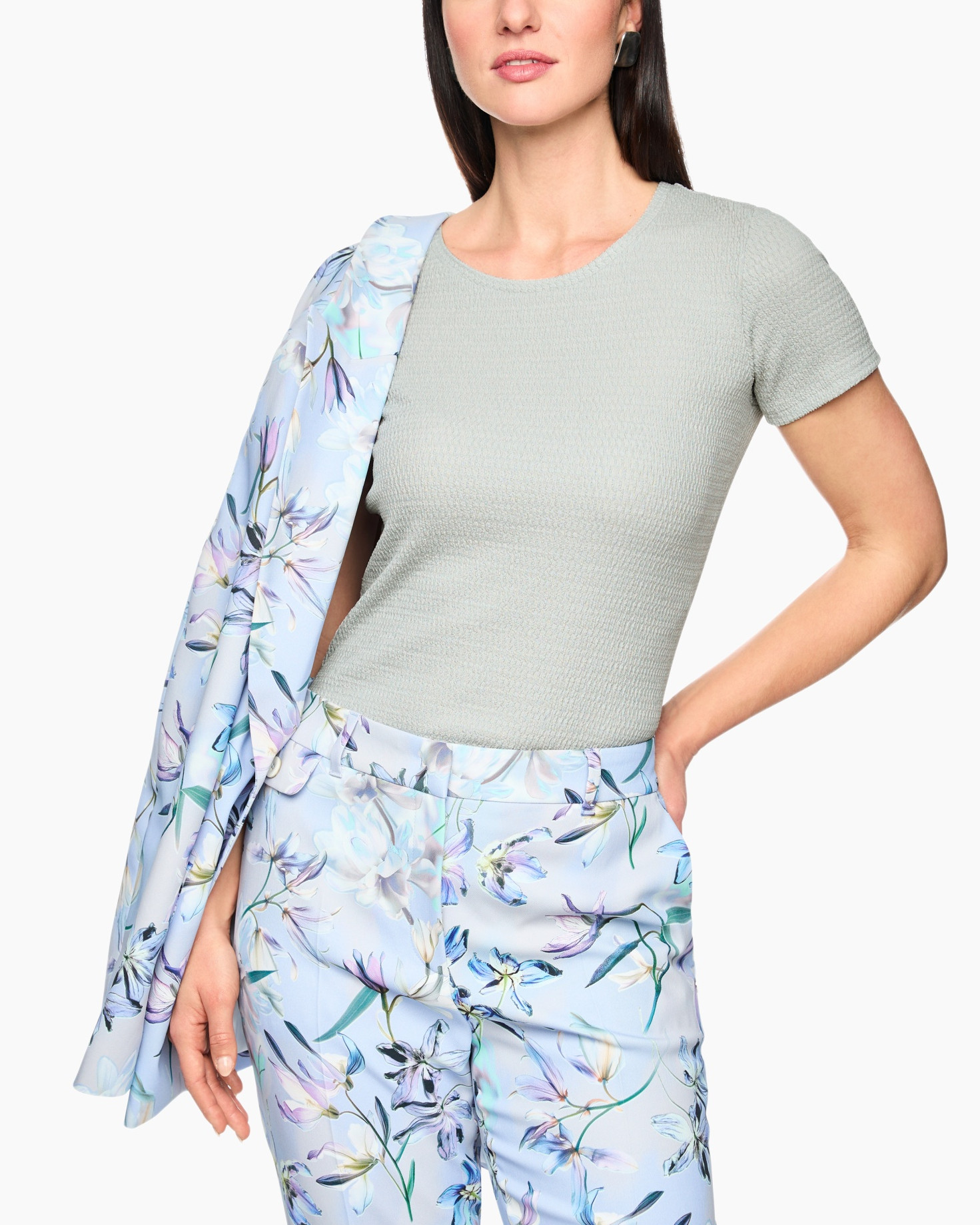 short-sleeve, knit-top, solid, light-green, plant-pattern-pants?