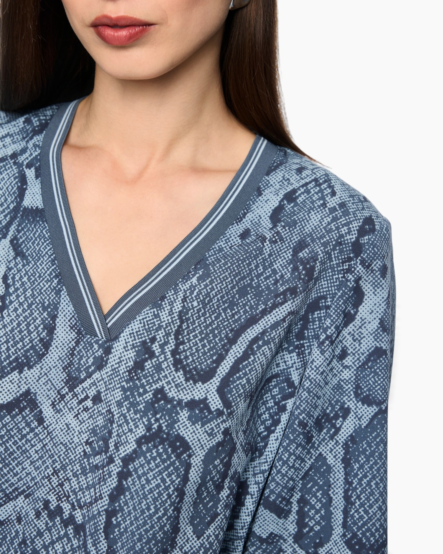 V-nek, Slangenhuid patroon, Breigoed top, Blauw, Lange mouwen
