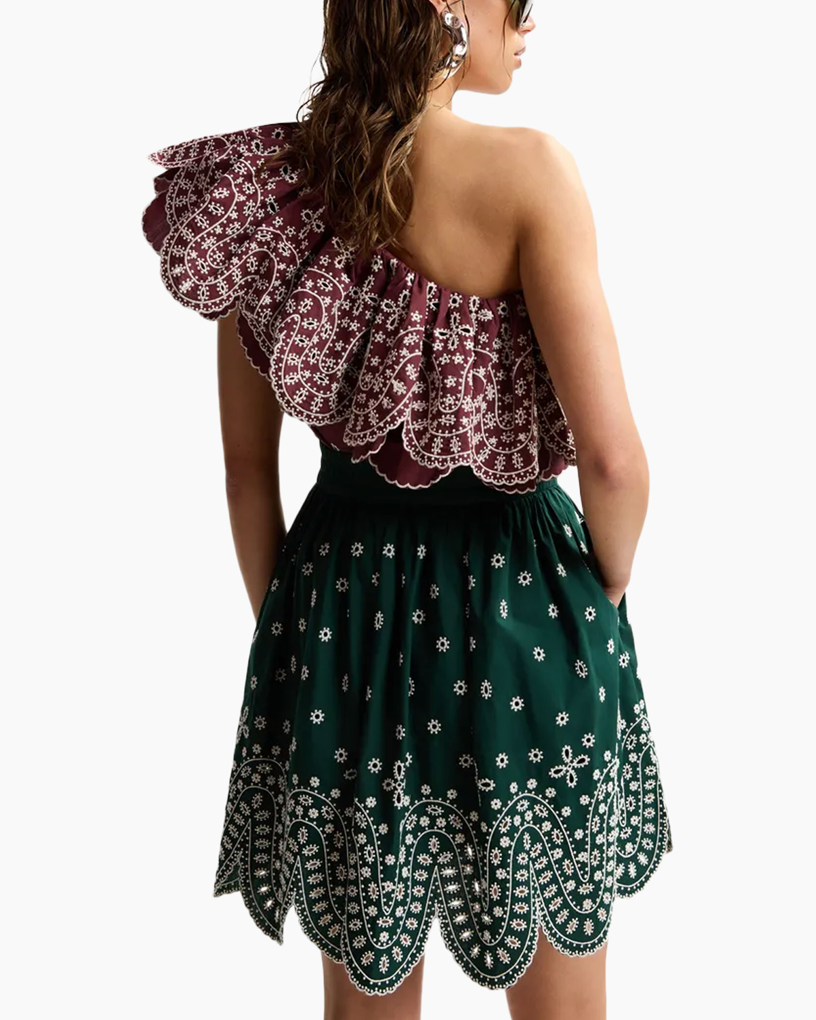 een-schouder, versierd, kant, kraagrand, paisley, print, korte-rok