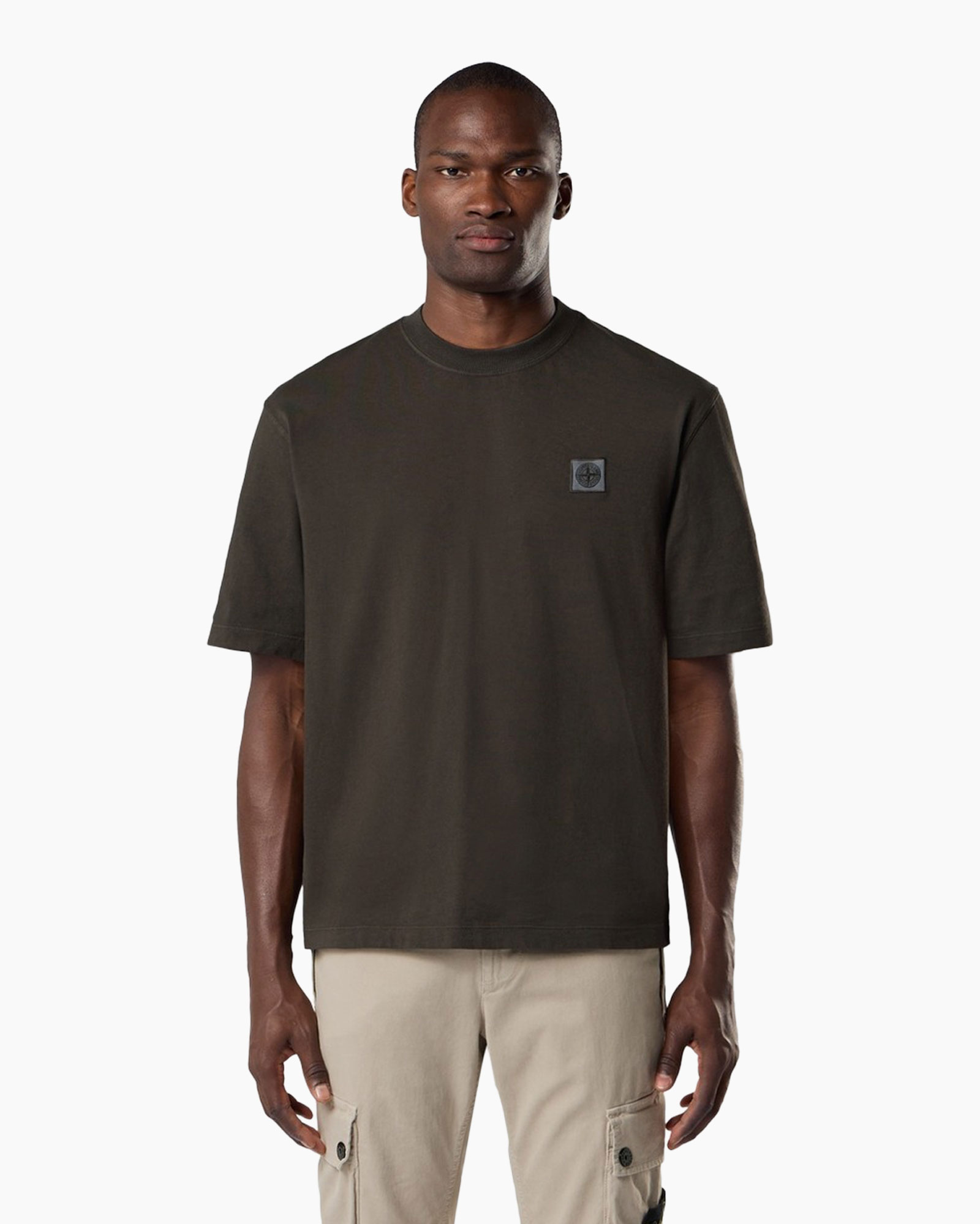 t-shirt, korte mouw, effen, donker olijf, logo patch
