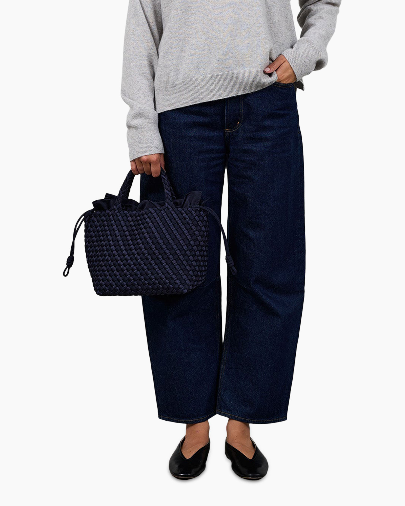 geweven tas, gehaakte textuur, donkerblauw, handtas, riemtas