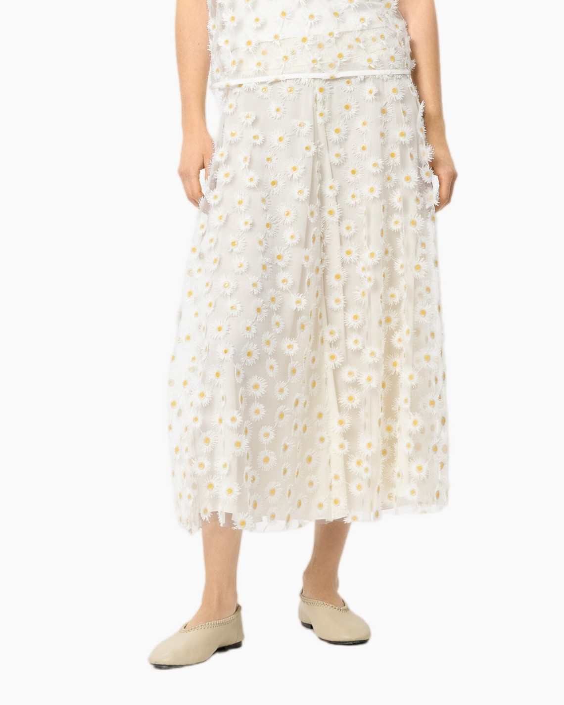 daisy print, midi skirt, white skirt, ankle length, embroidery