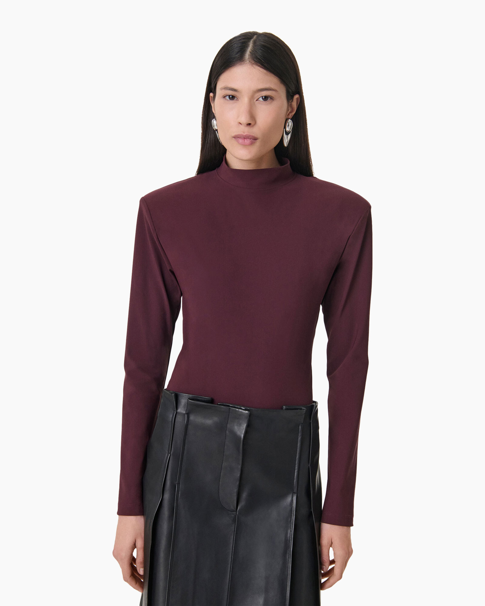 rolkraagtrui, lange mouw, maroon, spinte top, top