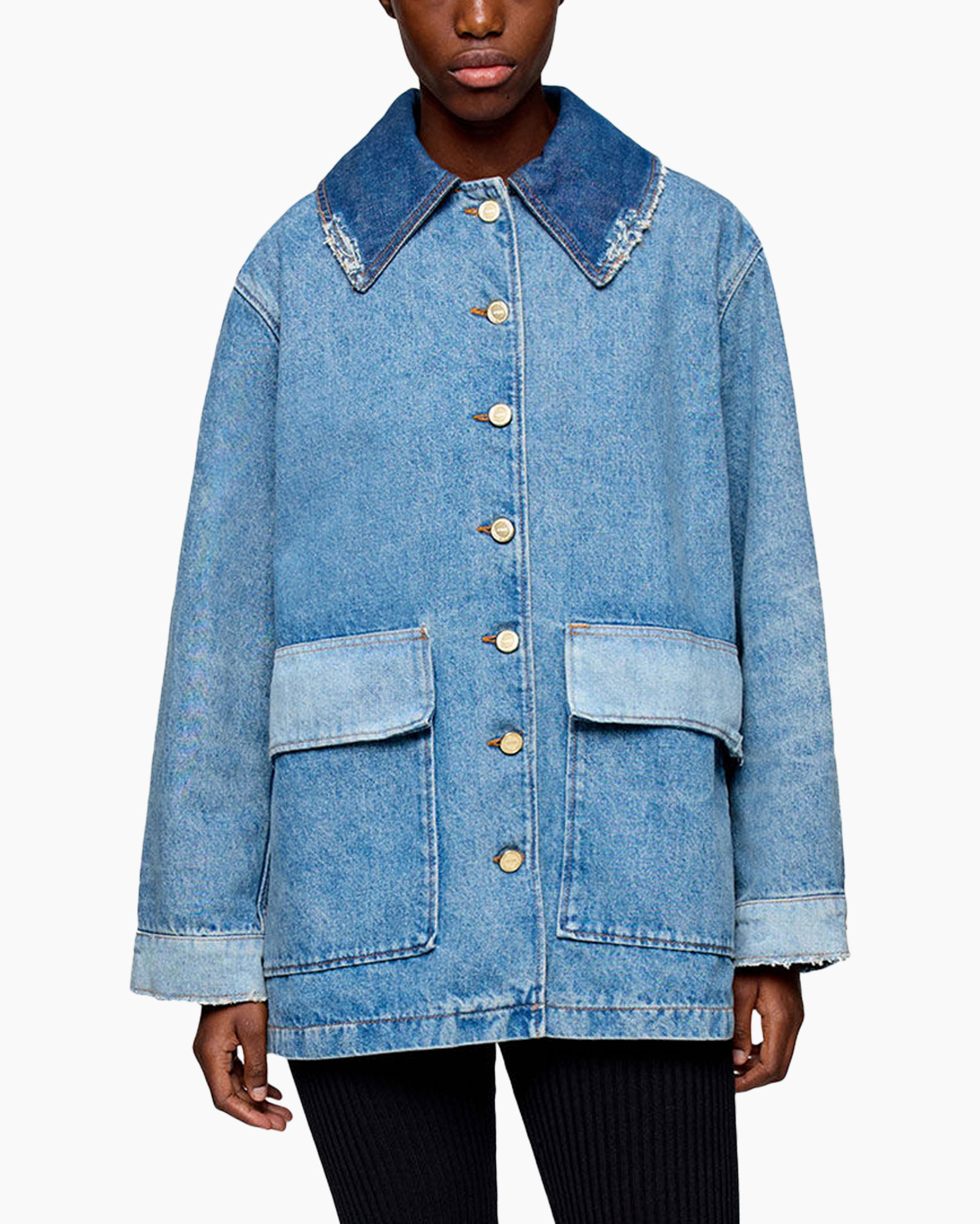denim jacket, blue denim, front pockets, metal buttons, oversized fit