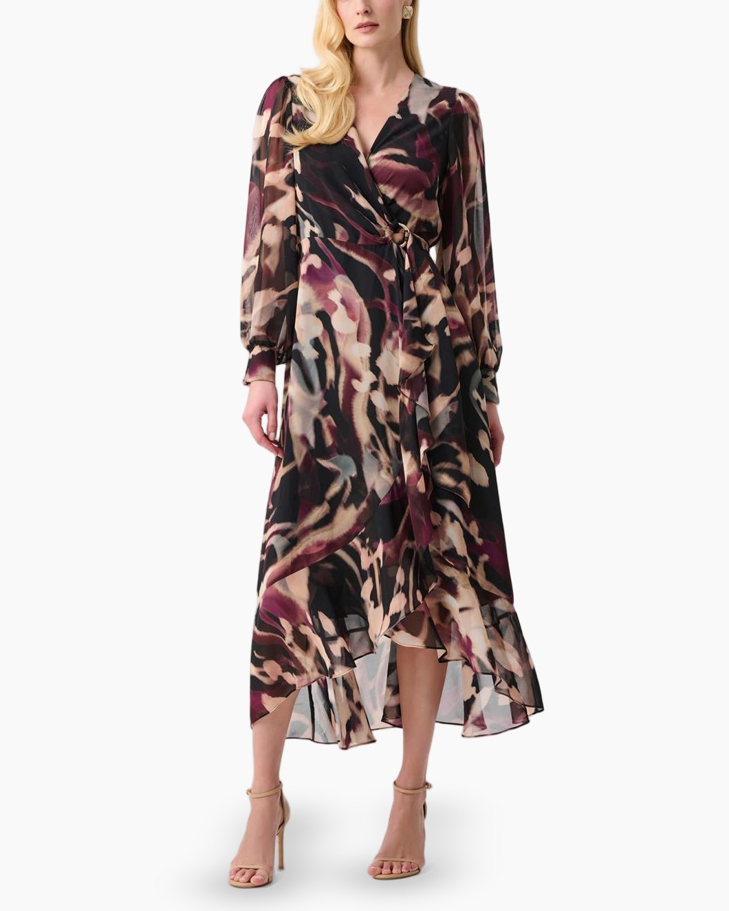 jurk, lange mouw, abstract print, middellange tot lange jurk, flowy rok