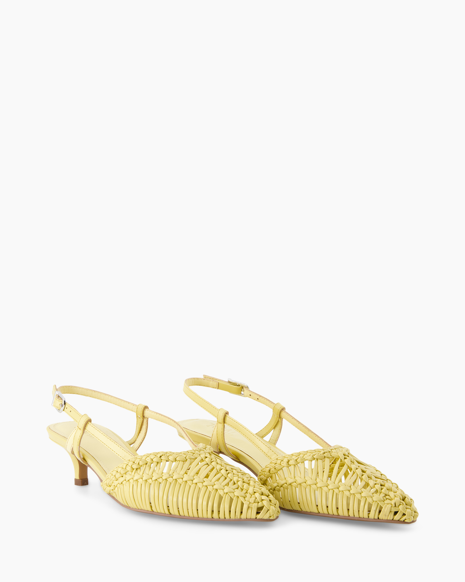 sandals, woven, yellow, strappy, kitten-heel