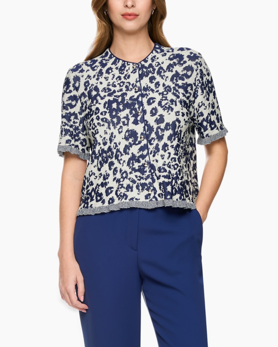 leeuw print, gebreide top, korte mouwen, vest, blauwe broek