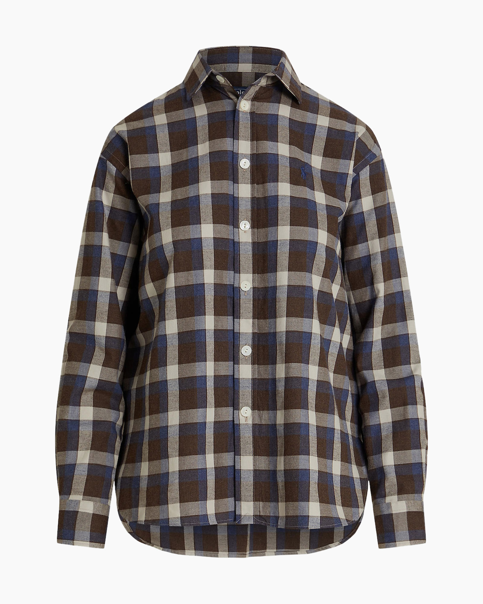 Geruit overhemd, flanel, knopenkraag, lange mouw, bruin blauw grijs