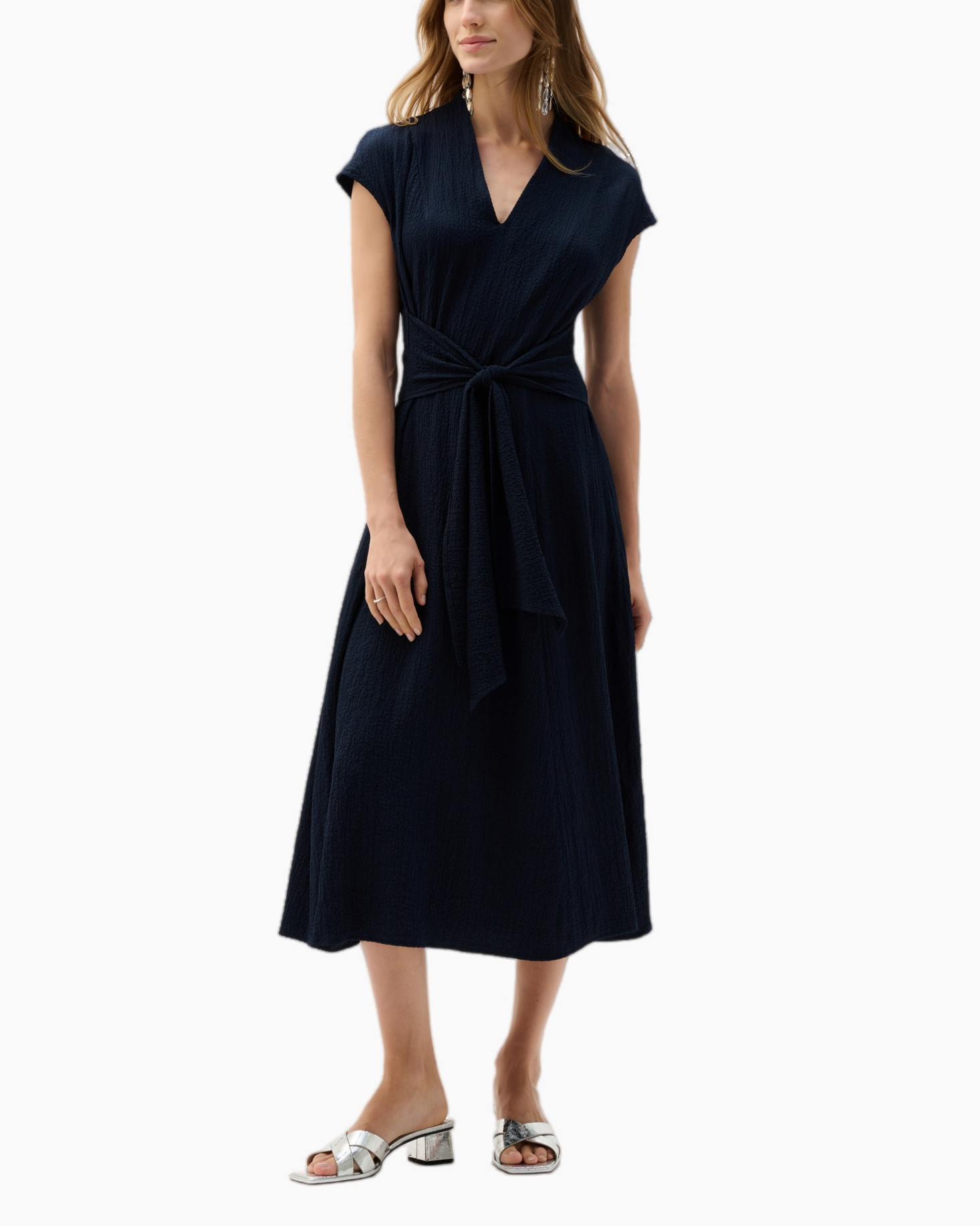 jurk, midi, marineblauw, wrap, plissé