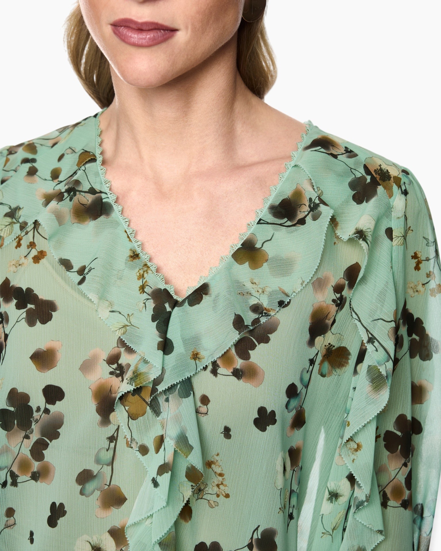 floral patroon, mintgroen, ruffle kraag, v-hals, zichtbaar doorzichtig materiaal