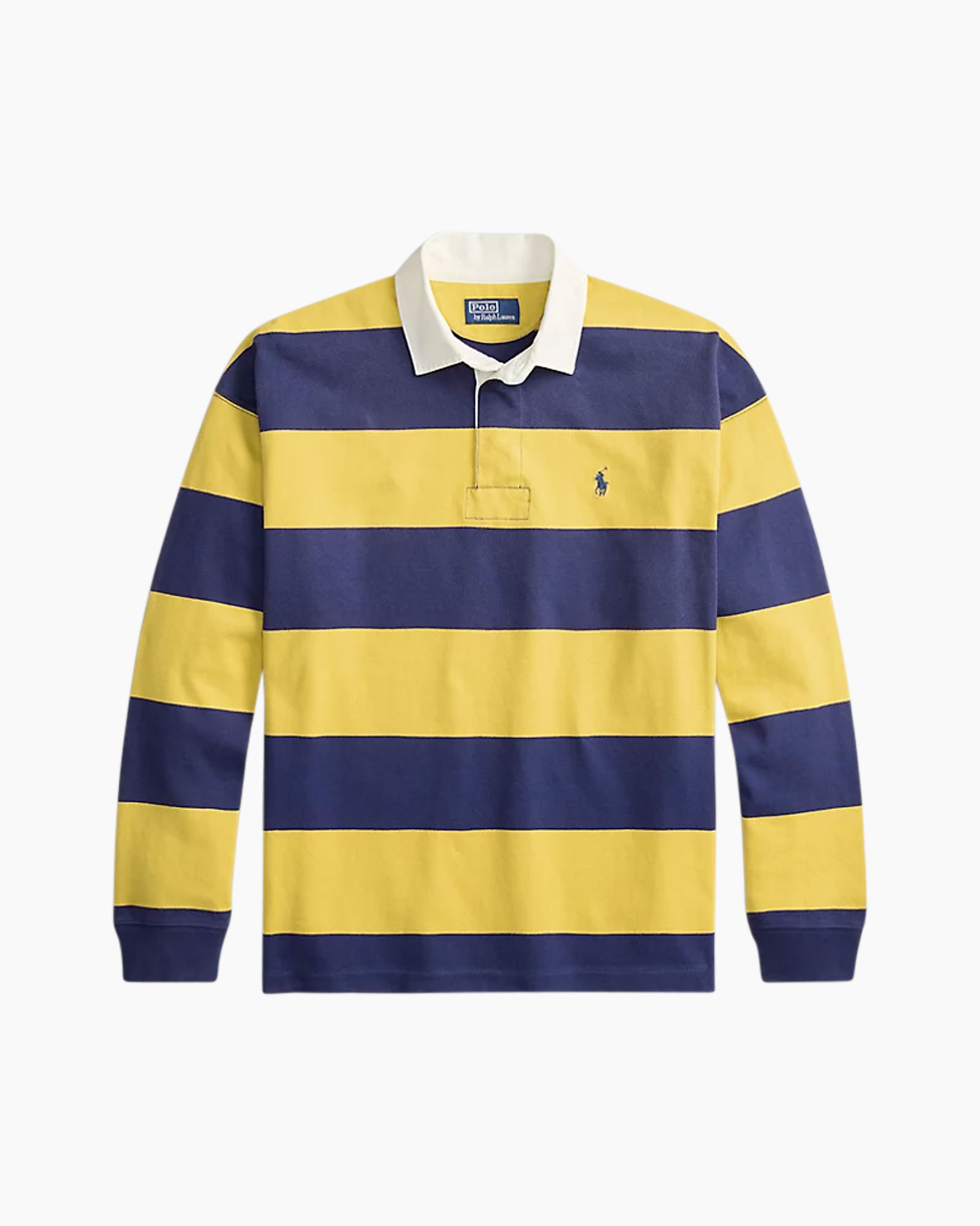 gestreepte rugby, lange mouw, polo, geel blauw, logo patch