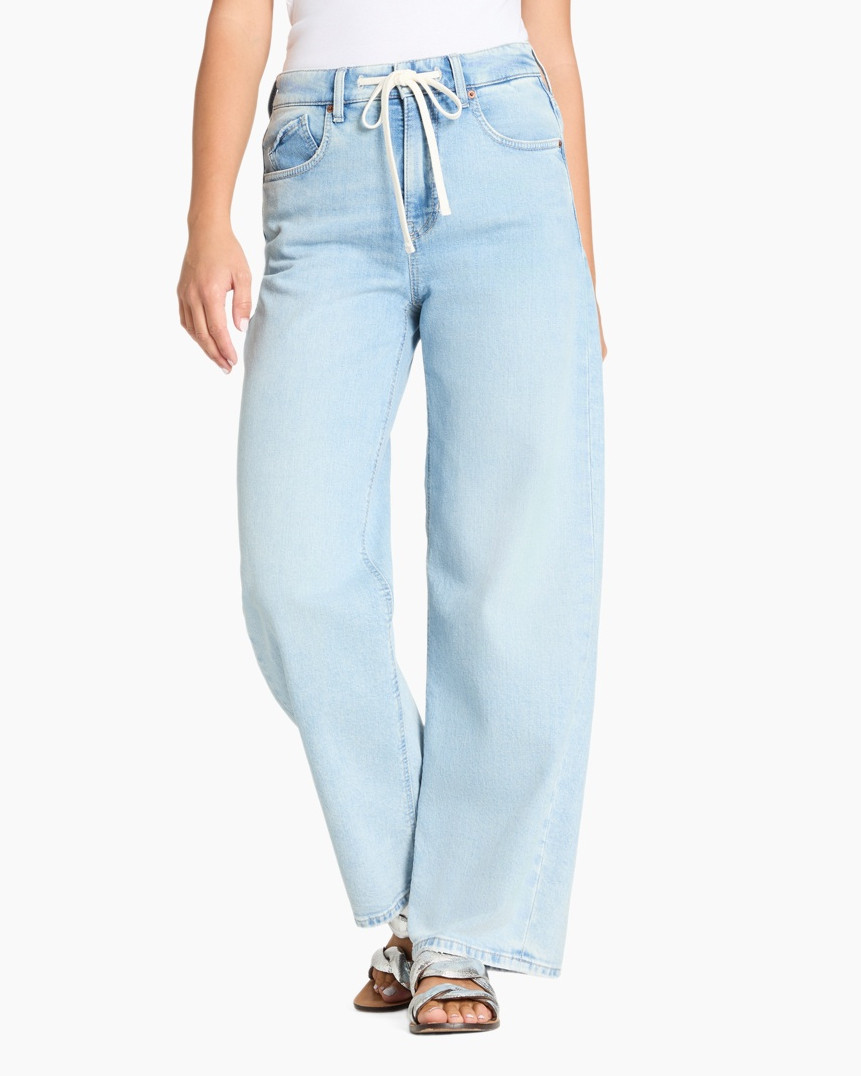 jeans, light-wash, wide-leg, drawstring, pockets