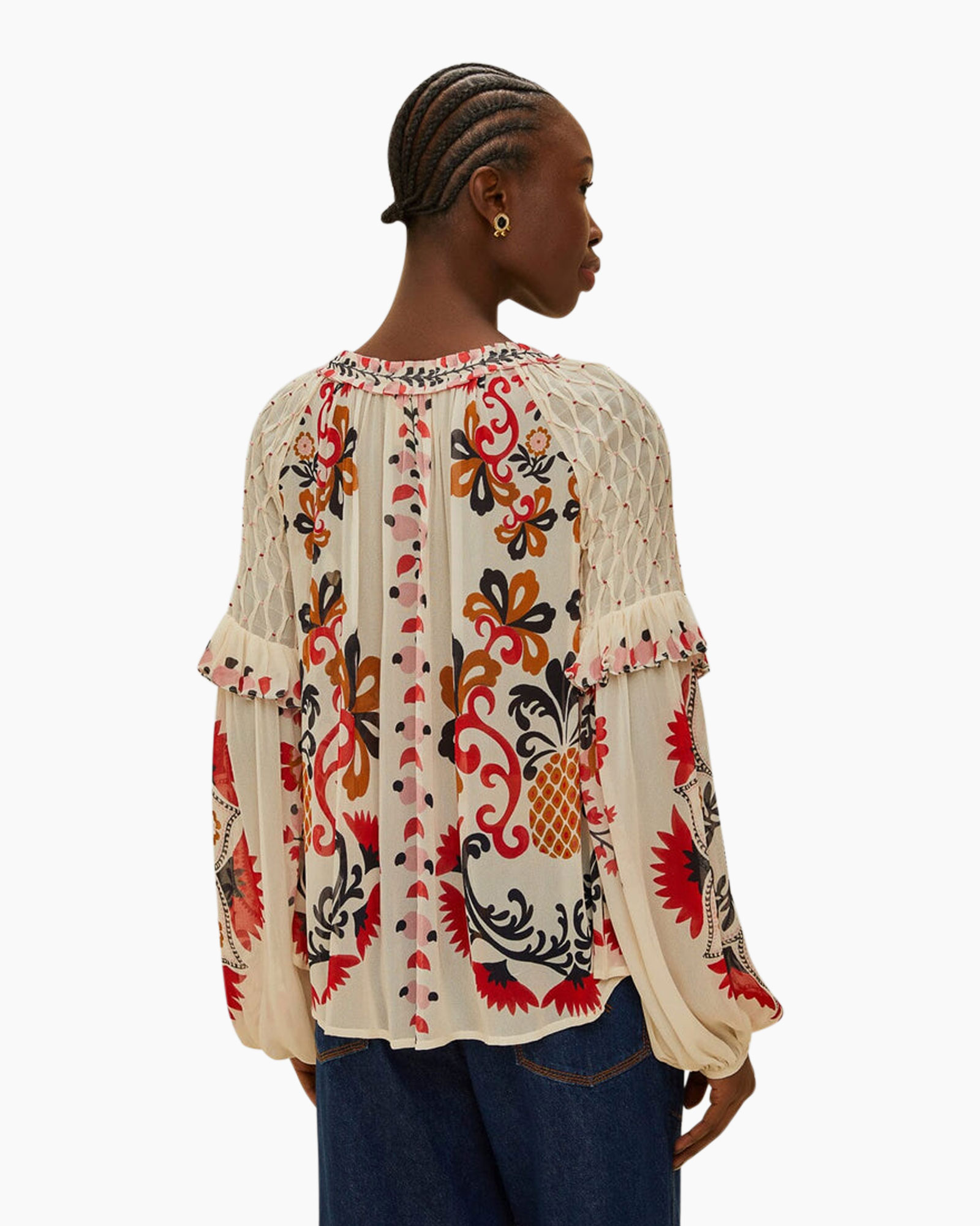 Blouse Cashew Mandala Smocked Long Sleeve Ecru