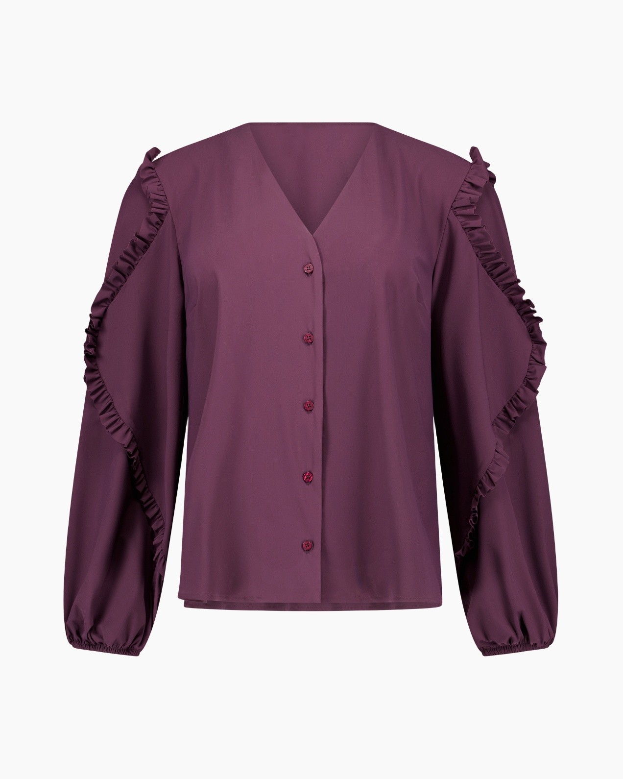 blouse, paars, gerufflede ruches, lange mouwen, knoopsluiting