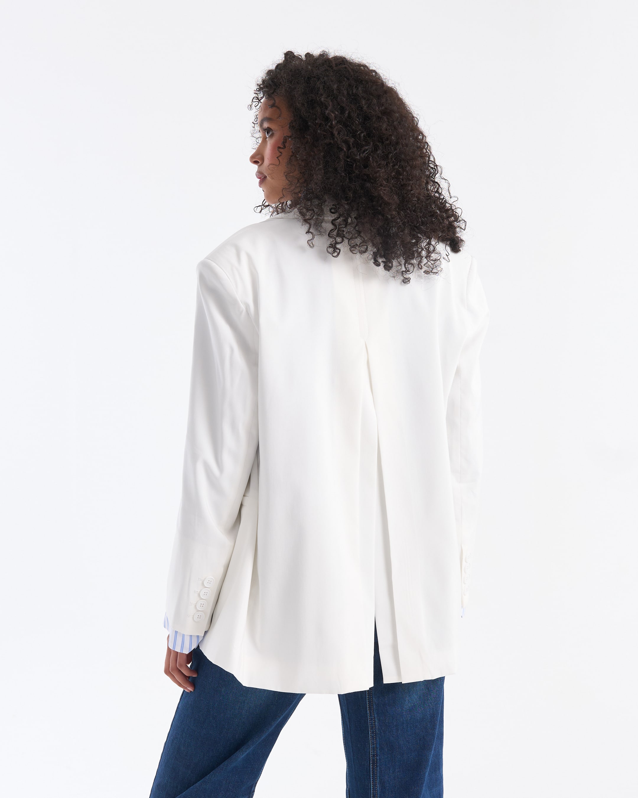 blazer, white, long, open front, jacket