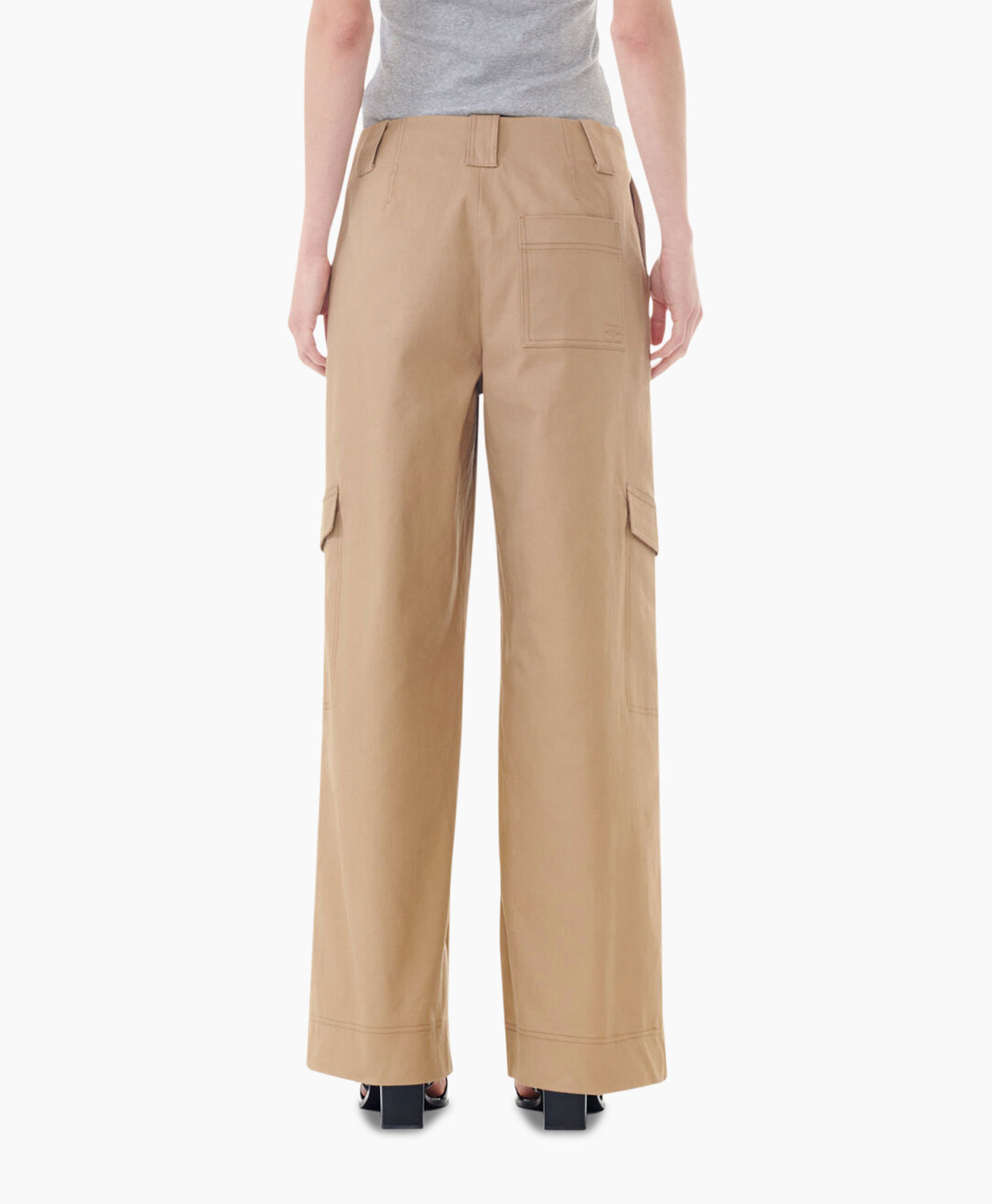 Cargobroek Herringbone Canvas Mid Waist Beige