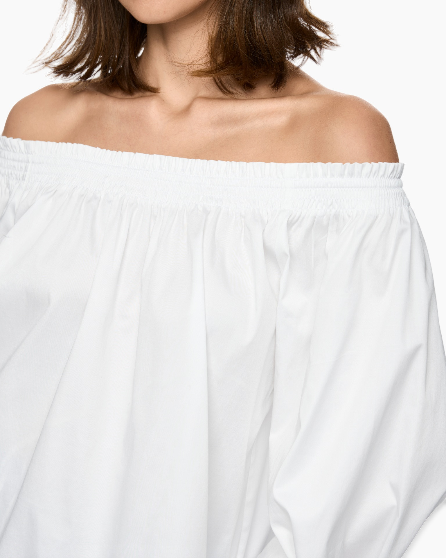 off-shoulder, white top, gathered neckline, top with elastic, smooth fabric