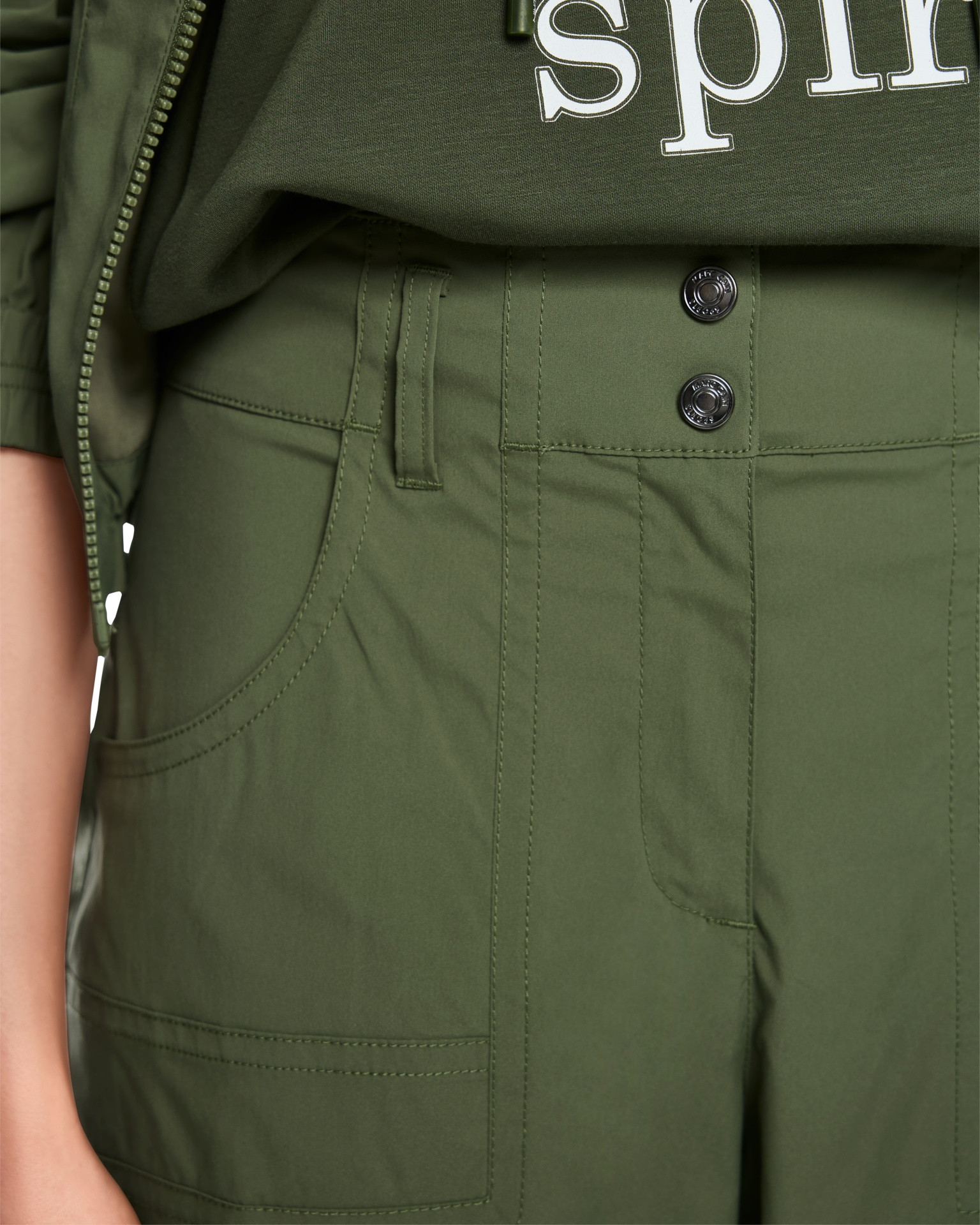 olive green, cargo pants, high waist, button detail, zipper, pockets