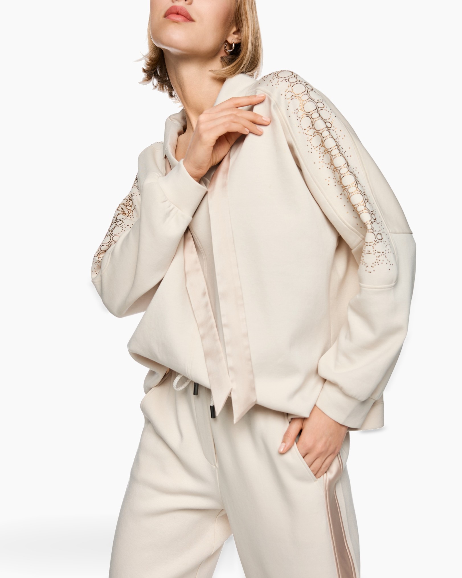 hoodie, sweatshirt, crepe, mouwen met kant, beige